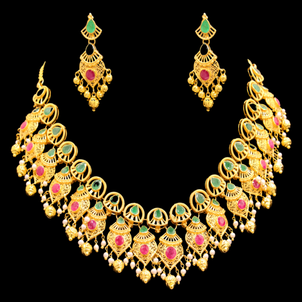 22K Gold Necklace Set With Natural Ruby and Emerald